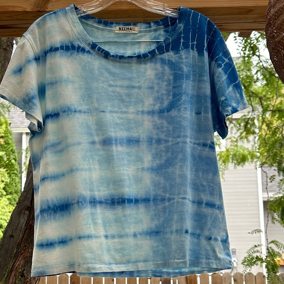 Neema Tops - Neema Blue White Tie Dye Short Sleeve T Shirt Cropped Large